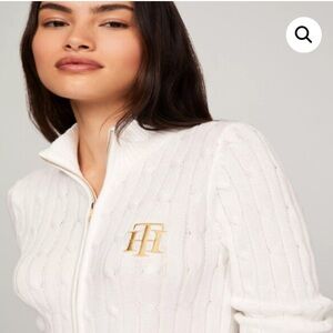 Tommy Hilfiger White Mockneck Zip-Up Cable Knit Cardigan Size: L